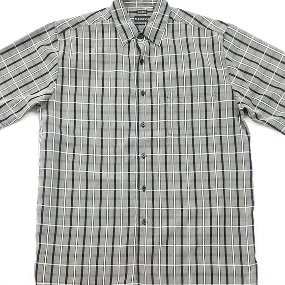 George Sueded black/gray plaid print Button Down Short Sleeve Shirt - Picture 1 of 4